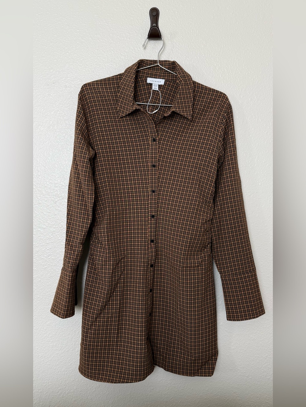 Topshop Long Button-Front Plaid Shirt Dress in Brown US8